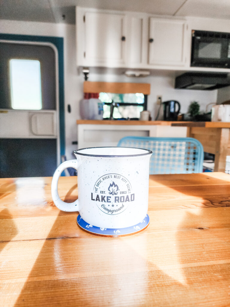 Mug in RV at Lake Road Campground in Trempealeau, Wisconsin